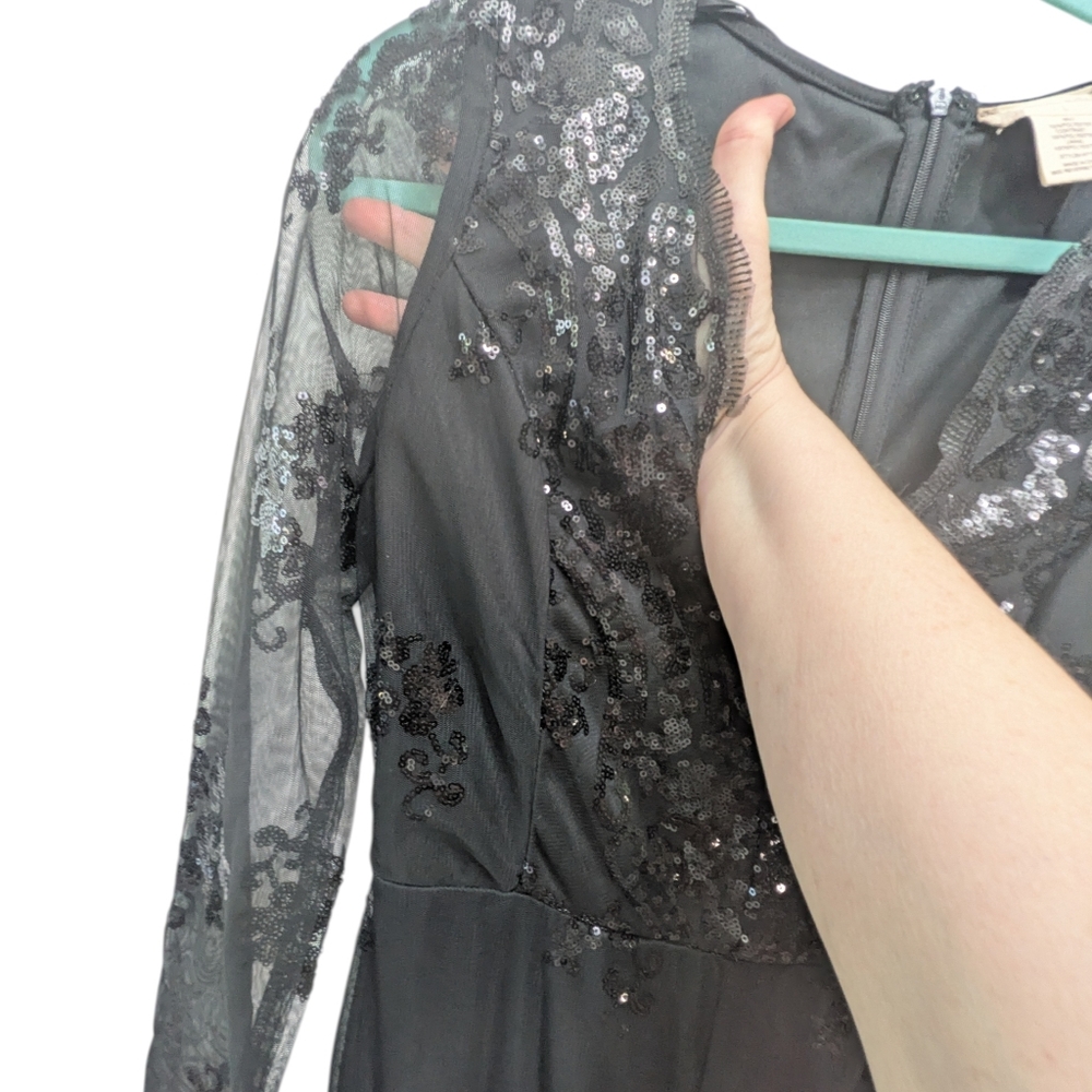 Altar'd State Black Sequin Lace Formal Flare Wide Legged Flowy Jumpsuit NWT - Picture 9 of 12